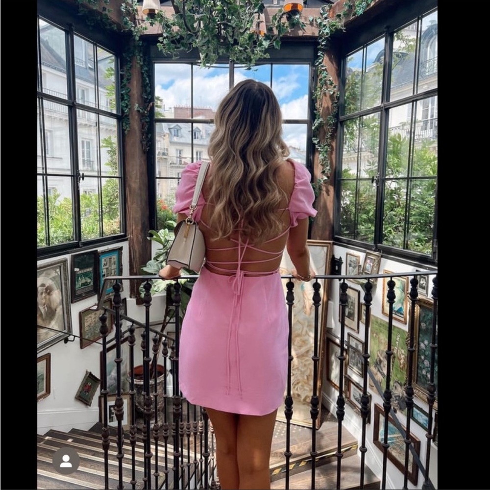 New Zara Pink Puff Sleeve Backless Lace Up Cottagecore Mini Dress